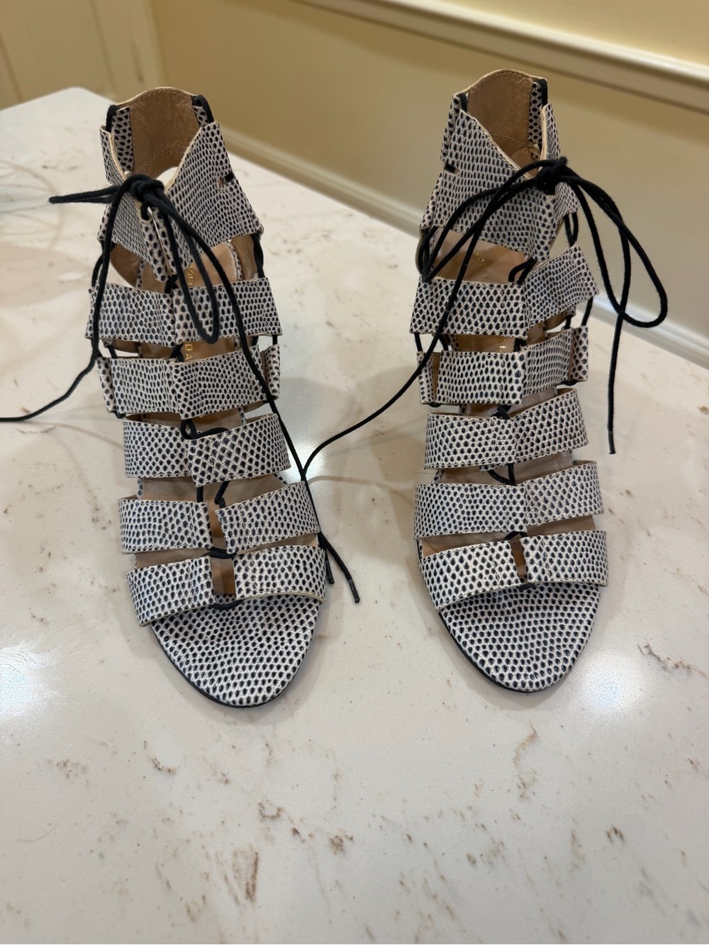 Loeffler Randall Black & White Dot Lace-Up Leather Heels - Picture 2 of 5